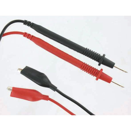 Image of Sparex Multimeter - S.151761's black and red electrical test probes with corresponding alligator clip connectors, ideal for voltage measurement in automotive applications. The probes and clips are attached to black and red wires.