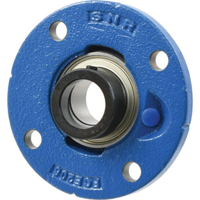 A round blue metal flange bearing with five bolt holes and a central cylindrical opening, designed for a 40mm bearing. The letters "SNR" are engraved on the top part of the NTN SNR Four-Bolt Flanged Unit (ESFCE208), signifying its Sparex quality.