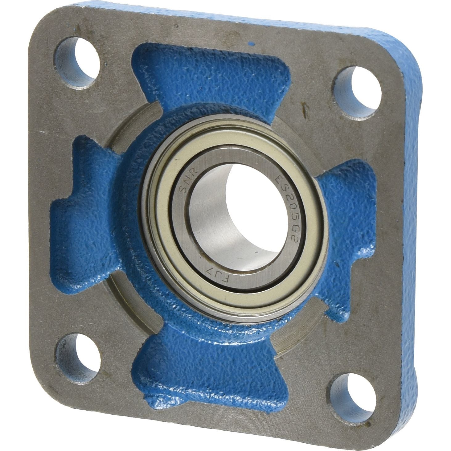 Introducing the Sparex Four-Bolt Flanged Unit (S.138507) by NTN SNR, featuring a metal housing with a blue casing and four mounting holes. The inner ESFE205 bearing is visible and benefits from an NTN SNR 2RS seal for enhanced protection.
