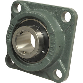The NTN SNR Four-Bolt Flanged Unit (UCFX14), also known by Sparex Part No.S.129966, features a 70mm inner ring and includes four bolt holes. The housing is green with dark seals flanking the metallic inner ring.