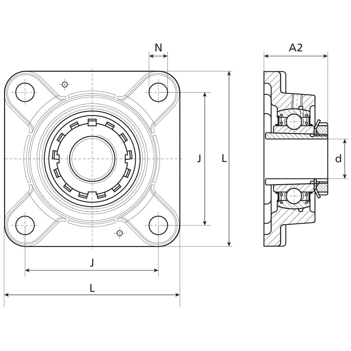 Technical drawing of a four-bolt flanged bearing unit, specifically the NTN SNR Four-Bolt Flanged Unit (UKF211) | Sparex Part No.S.138403, with front and side views detailing measurements labeled as L, J, N, A2, and d.