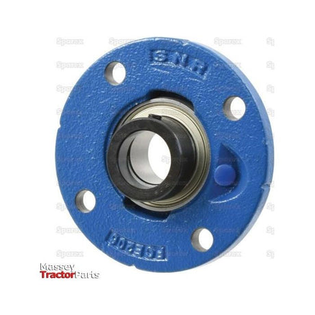 A blue industrial bearing mount, featuring a visible hub and a 2RS seal, labeled "ESFCE207" and "NTN SNR Four-Bolt Flanged Unit," is displayed against a faint background with "Sparex" branding and a "Massey Tractor Parts" logo in the corner. The item is identified as Sparex Part No.S.138518.