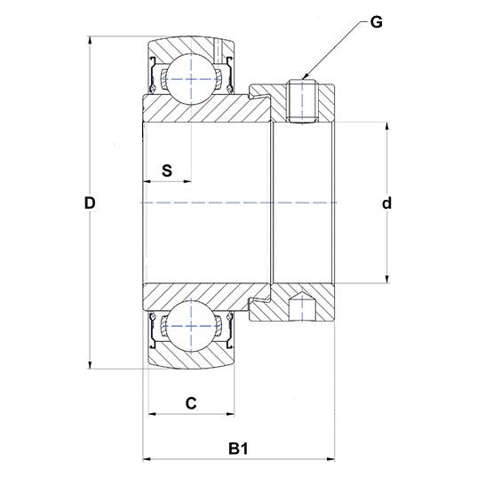 Technical drawing of a cylindrical roller bearing with labeled dimensions including D, d, C, B1, S, and G. This Plummer Block Bearing Insert (ES209) - S.155517 from Sparex ensures precision and reliability.