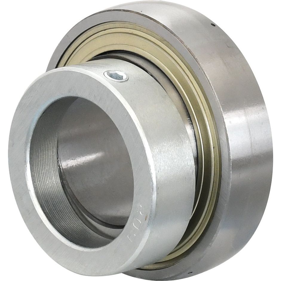 A close-up image of a Sparex NTN SNR Plummer Block Bearing Insert (ES209) - S.155517 featuring a metal outer ring and inner ring, complete with a threaded hole, retaining screw, and an additional locking collar for enhanced security.