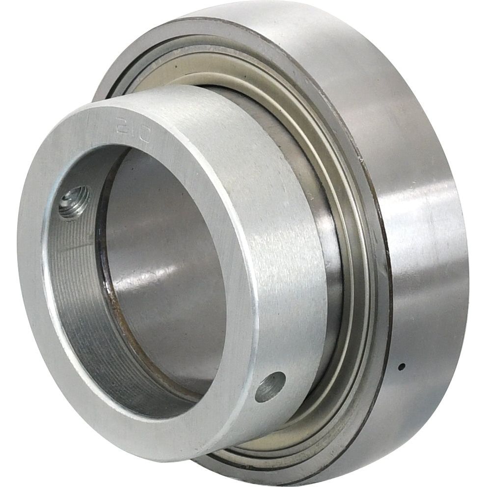 A metal bearing, specifically the Sparex NTN SNR Plummer Block Bearing Insert (ES210) - S.155518, features an external cylindrical ring and a smaller internal ring with two small holes.
