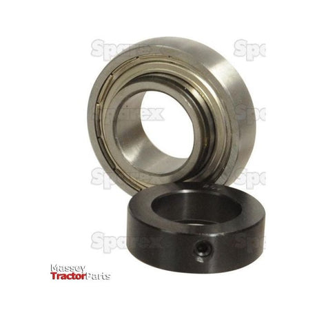 A Sparex NTN SNR Plummer Block Bearing Insert (ES210) - S.155518 cylindrical ring is positioned next to a metal bearing assembly on a white background. The text "Massey Tractor Parts" appears in the lower left corner.