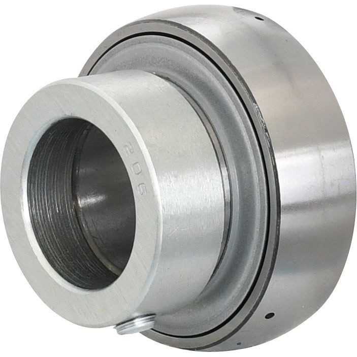 A close-up of the NTN SNR Plummer Block Bearing Insert (EX206) - S.138367 by Sparex, displaying a cylindrical inner ring and a slightly wider outer ring. The bearing appears clean and unused, with manufacture information indicating it is suitable for various mechanical applications.