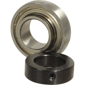 The NTN SNR Plummer Block Bearing Insert (EX210) - S.138374 by Sparex features a circular metallic bearing with an inner ring separated from the outer assembly, displayed against a plain background. Product specifications include durable material and precise engineering, making it suitable for various applications.