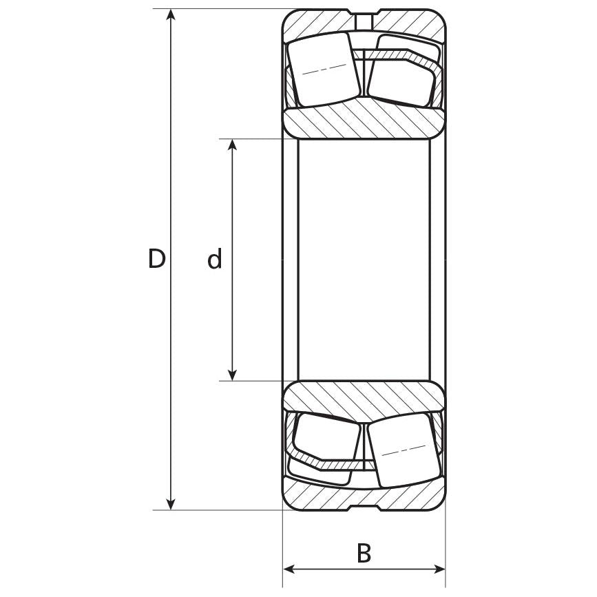 Technical drawing of an NTN SNR Spherical Bearing (22208EAW33C3) - S.138427 by Sparex, showing dimensions B, D, and d. The diagram includes cross-sectional and top views with internal components, providing suitable information for manufacture.