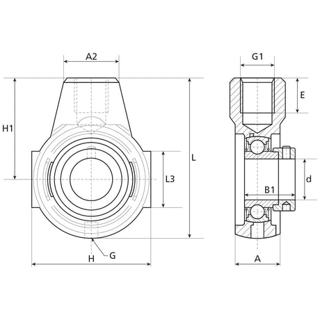 Technical engineering drawing of the NTN SNR Take up Bearing Unit (ESEHE205) - S.138516 from Sparex, featuring various labeled dimensions including front and side views. The drawing denotes measurements such as A, B1, H, G, and L. This drawing includes crucial product specifications essential for manufacturing information.