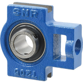 A blue metal bearing housing with a built-in bearing, labeled "NTN SNR Take up Bearing Unit (UCT205) - S.138559." Suitable for various applications, this unit includes manufacture information and is branded under Sparex.