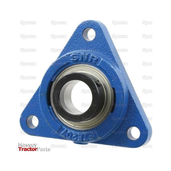 A blue triangular NTN SNR Three Bolt Flanged Unit (ESFTE207) against a white background, featuring the product number Sparex Part No. S.138505 and the text "Massey Tractor Parts." Metric measurements provided by Sparex.