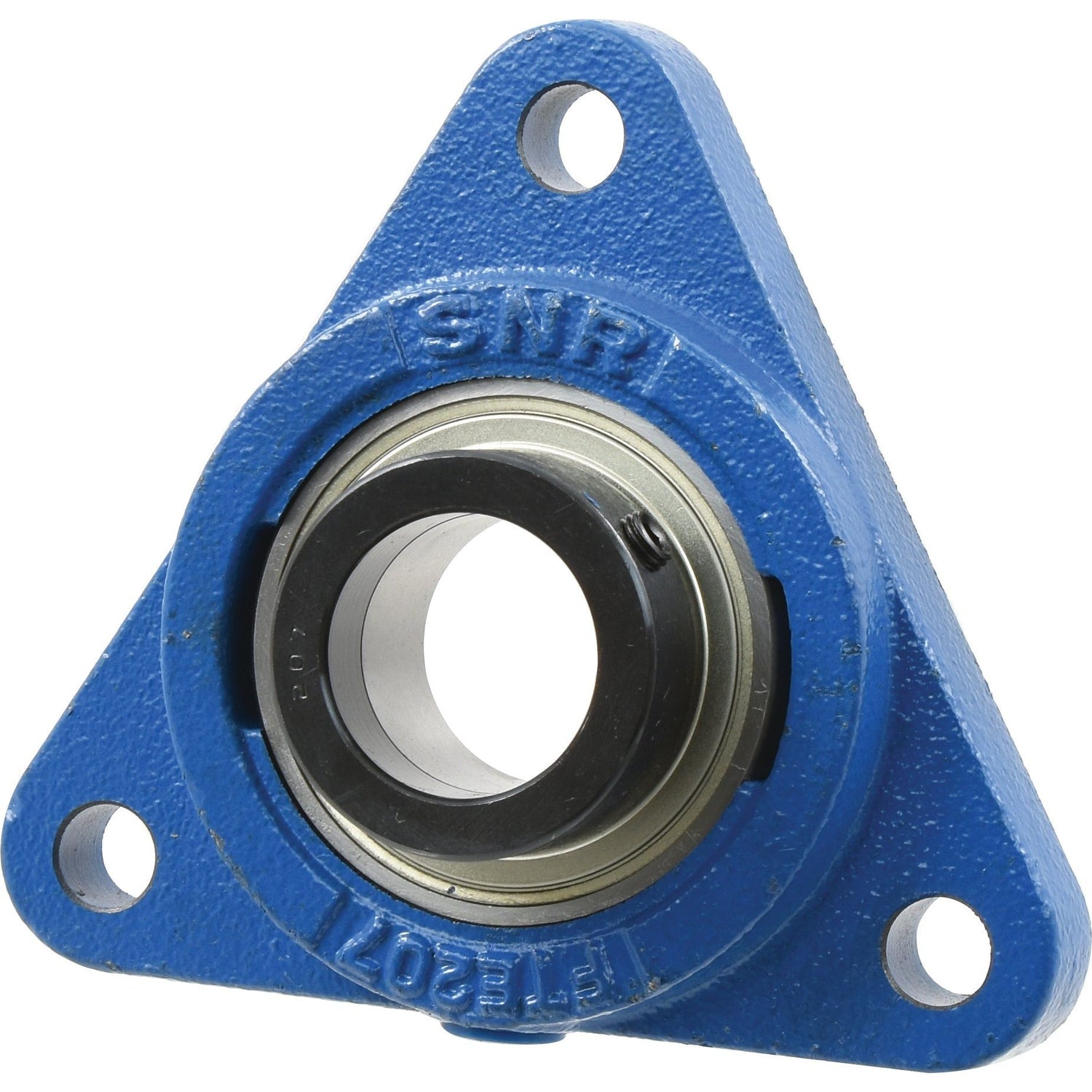 A triangular blue metal bearing housing, featuring a central circular NTN SNR bearing (ESFTE207) with three mounting holes, adhering to metric specifications. This unit is provided by Sparex as part number S.138505.