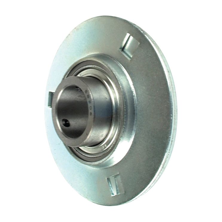 The NTN SNR Three Bolt Flanged Unit (USPF205) from Sparex, Part No. S.138537, is a metallic mechanical bearing housing with a circular design featuring a central bearing and a flange, utilizing precise Metric measurements from NTN SNR's Bearing Reference.