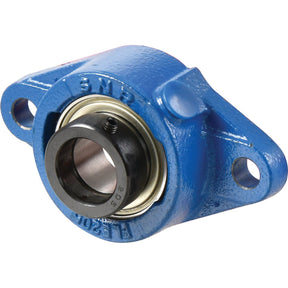The Sparex NTN SNR Two-Bolt Flanged Unit (ESFLE205) is a blue metal bearing housing that features two bolt holes and a central metric bearing.