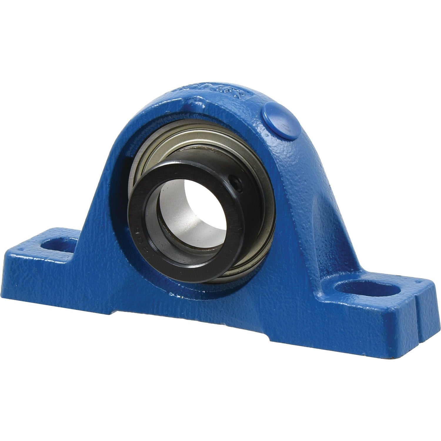 A Sparex-brand NTN SNR Two-Bolt Pillow Block Bearing (EXPE210) featuring a blue housing with a circular metal bearing in the center and two bolt holes on the base for attachment.