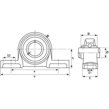 Technical drawing of a mounted bearing unit, featuring multiple labeled dimensions and sections, including the NTN SNR Two-Bolt Pillow Block Bearing (UCPX14) from Sparex (Part No. S.130014).