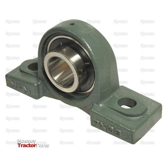 The Sparex NTN SNR Two-Bolt Pillow Block Bearing (S.130014) features a green, cast iron housing with a single metal ball bearing in the center. It is mounted on a base with two bolt holes for secure attachment to surfaces. With its UCPX14 metric bearing from NTN SNR, this product ensures durability and precision.