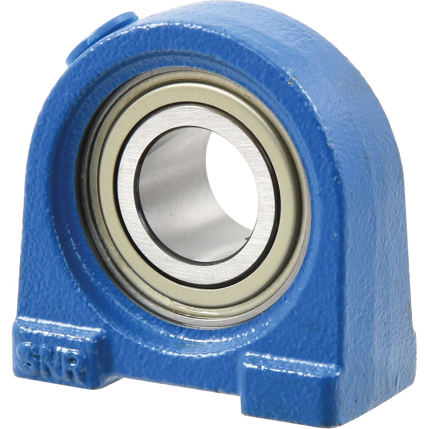 An NTN SNR Two-Bolt Pillow Block Bearing (USPAE205) from Sparex, featuring a 25mm bearing, with a blue metal mount and circular opening.