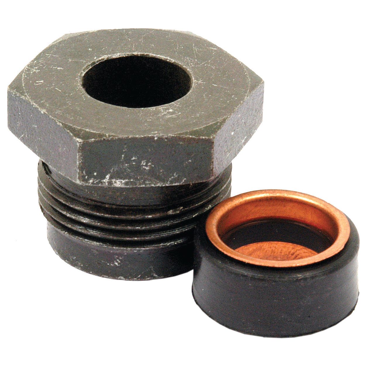 A hexagonal-threaded metal plug and a cylindrical, black and copper sealing washer suitable for Ford New Holland hydraulic pressure systems, available as the Hydraulic Pressure Nut from Sparex (Part No. S.66498).