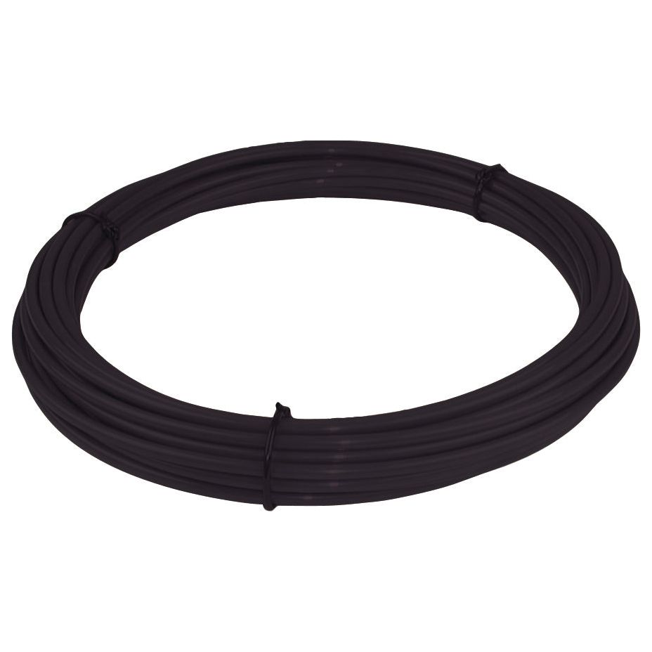 The NYLON TUBING-6MMX15M - S.12877 by Sparex, a coiled black plastic tubing secured with two ties, is displayed against a white background and is ideal for pneumatic systems.
