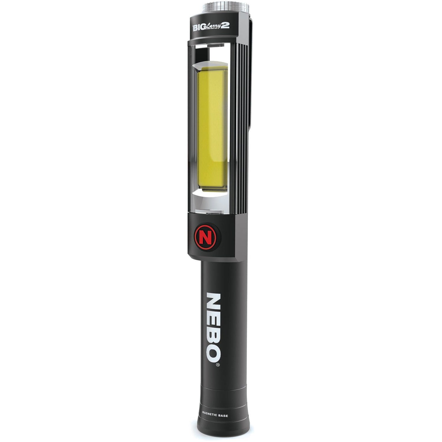 A black Sparex Nebo BIG Larry 2 LED Light - S.162676, featuring a rectangular yellow COB work light in the center, a white "NEBO" logo on the handle, and a handy magnetic base for easy attachment.