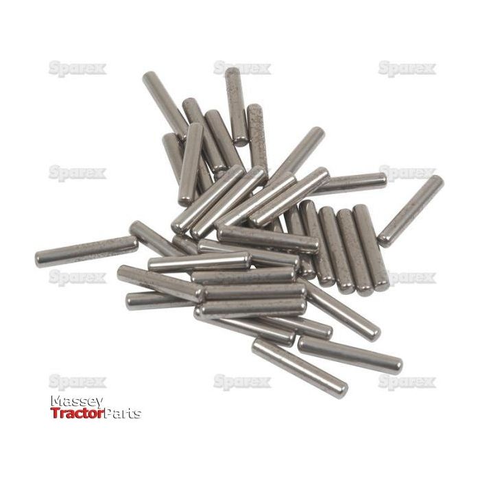 A scattered pile of metal dowel pins sits on a white surface. The image subtly features the faintly repeated "Sparex" logos in the background and "Massey Tractor Parts" in the bottom left corner, hinting at Sparex Needle Bearings (56 pcs.) with Part No. S.41796 among the parts.