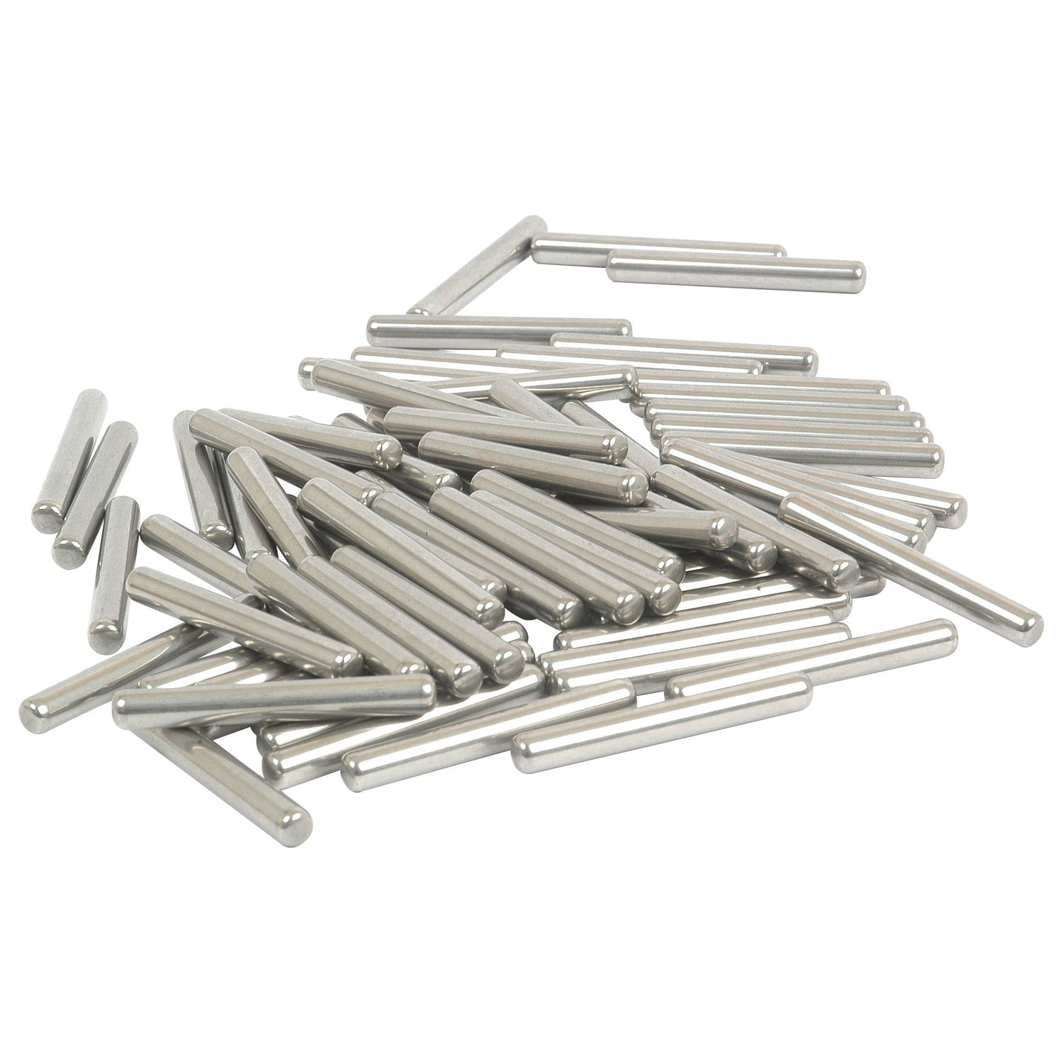 A pile of silver metallic cylindrical pins, similar to those in the Sparex Needle Bearing (75 pcs.) kit, is scattered on a white surface.