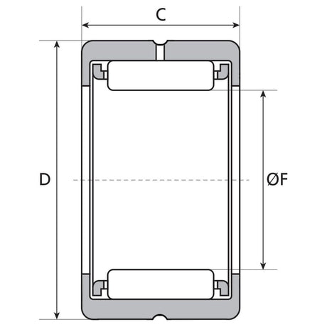 Technical drawing of a rectangular object with dimensions labeled as C, D, and ØF. The object, resembling a component of an Allis Chalmers machine, has two circular elements at the top and bottom inside the rectangle. Labeled as the Sparex Needle Bearing (202816), Sparex Part No.S.40515.