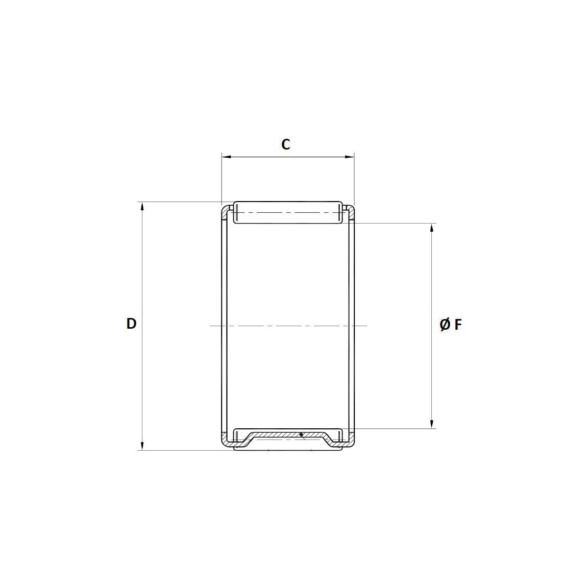 Technical drawing of a cylindrical object with a top and bottom view, labeled dimensions for height (D), width (C), and diameter (F). The object, potentially related to a Massey Ferguson component, appears to contain internal components such as the Sparex Needle Bearing (C162112) with Sparex Part No. S.40784.