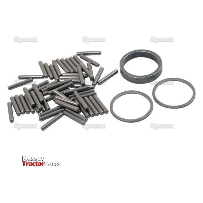 A set of small, cylindrical metal pins and three circular rings, possibly for mechanical assembly. The bottom left corner displays "Needle Bearing | Sparex Part No.S.40787.