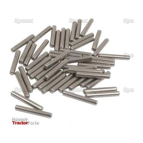 A pile of Sparex Needle Bearings (60 pcs.) scattered on a white surface, with faint text and logos in the background hinting at brands like Sparex and Massey Ferguson.