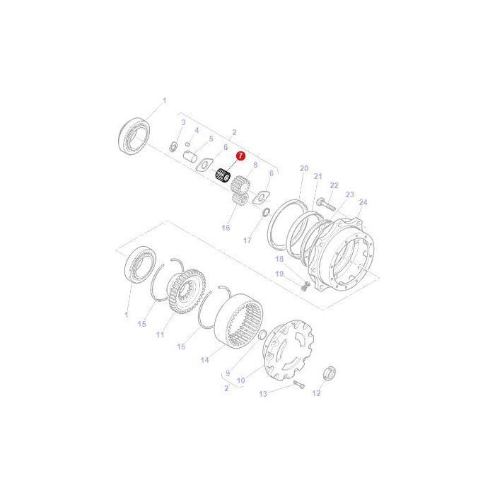 Exploded view of a mechanical assembly showcasing various parts, such as gears, bolts, and rings, each numerically labeled for reference—a detailed perspective similar to the tractor parts from the Massey Ferguson 2200 Series, including components like the AGCO Massey Ferguson Needle Roller 3429901M1.