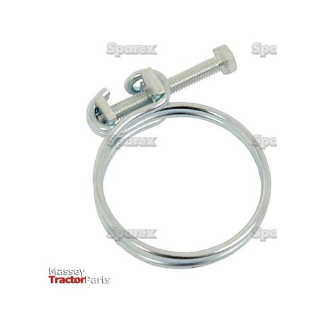 The Double Wire Hose Clip from Sparex, measuring Ø33-37mm, features a screw mechanism ideal for securing hoses and tubing. The product image shows watermarks indicating "Sparex" and "Massey Tractor Parts." Each Agripak contains 4 pieces.