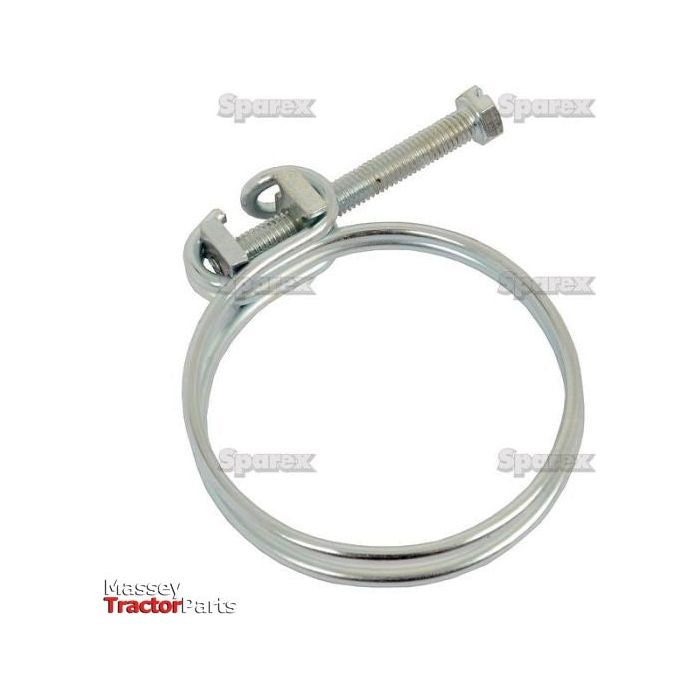 A Double Wire Hose Clip, Ø43-49mm (Sparex Part No.S.26276), crafted from galvanized steel and featuring a threaded screw for secure fastening or sealing of hoses. The "Sparex" and "Massey TractorParts" logos in the background highlight its trusted quality, fitting hose sizes Ø43-49mm flawlessly.