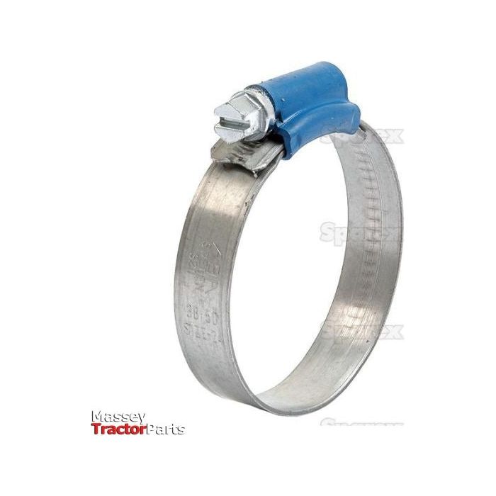 The Hose Clip, Min Ø38mm, Max. Ø50mm | Sparex Part No.S.4330, features a blue screw mechanism and is crafted from galvanised steel for securing hoses. Displayed against a white background, text reads: "Massey Tractor Parts" and "Sparex".