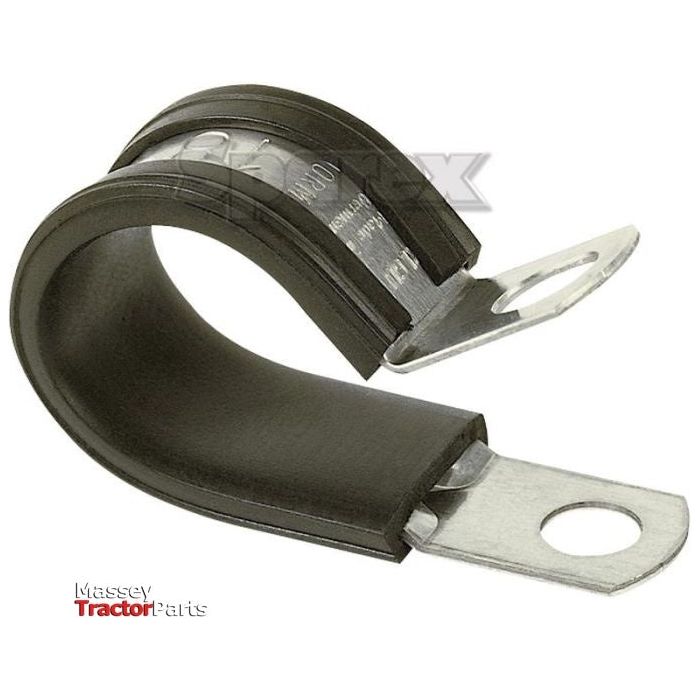 Image of the Sparex Rubber Lined Clamp, ID: Ø18mm (Sparex Part No.S.12150), made from galvanized steel with a rubber lining for securing cables or pipes. It features mounting holes on each end for attachment, ensuring durability and reliable performance in various applications.