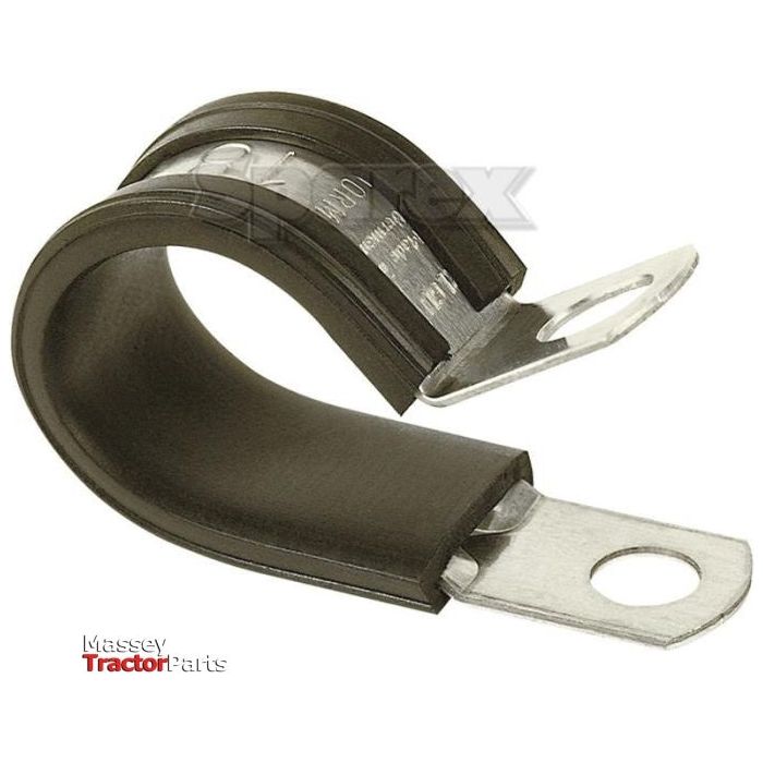 The Sparex Rubber Lined Clamp (Sparex Part No. S.12142) is a metal and rubber P-clip designed for securing cables or hoses, featuring a mounting hole on each end. Made from galvanized steel, it ensures durability and reliability in various applications with an inner diameter of Ø5mm.