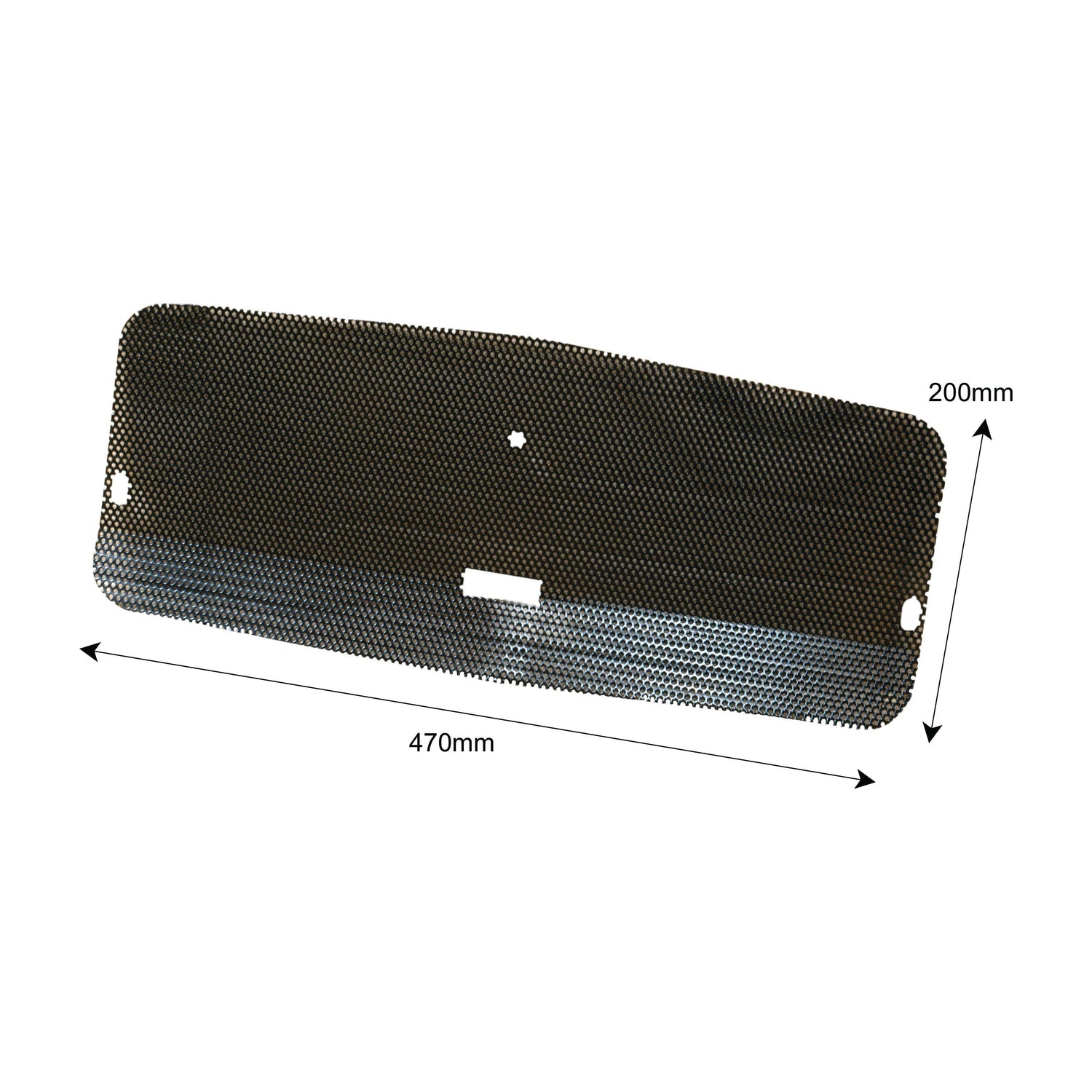 A rectangular perforated metal plate with dimensions labeled as 470mm in width and 200mm in height, featuring two small holes on both sides and a larger central cutout, ideal as the Sparex Front Grille for Massey Ferguson tractors (Sparex Part No. S.41213).