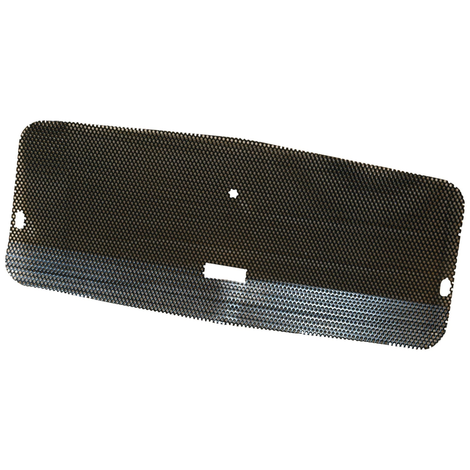 Rectangular perforated metal sheet with rounded corners and three holes near the edges, perfect as a front grille for Massey Ferguson tractors. Ideal as a Sparex replacement part S.41213.