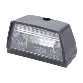 A rectangular black automotive light with a transparent cover displaying technical details and the AGCO brand engraving, the Massey Ferguson - Number Plate Light - 3478350M91 is ideal for use on Massey Ferguson 300 Series tractors.