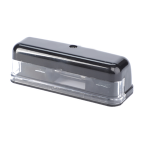 A Massey Ferguson - Number Plate Light - 829121M1 from AGCO, rectangular in shape and featuring a black and transparent design with a clear bottom section revealing the inner components.