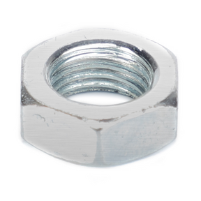 Close-up of the AGCO Massey Ferguson - Nut Finger Bolt - 353430X1, a metallic hexagonal nut with internal threading designed for fastening onto a bolt, commonly used in Massey Ferguson tractor parts.