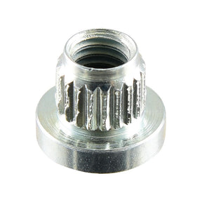 A close-up view of the Sparex Nut M6, model 1093708 (Sparex Part No. S.130855), featuring a flanged base and knurled outer surface—ideal for those in need of a robust replacement part.