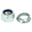 A Nut and Conical Spring Washer M20x1.5 by Sparex (Sparex Part No.S.12275) is placed next to a metal retainer ring with a split opening.
