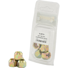 A package of Sparex Nuts for Suspension Unit 3/8'' UNF - S.26731, with four nuts removed from the packaging and displayed in front.