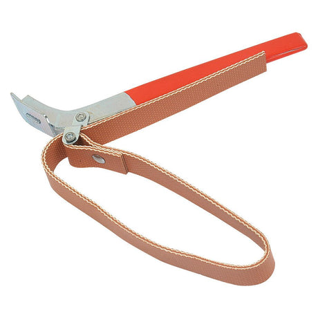 The OIL FILTER WRENCH BELT TYPE from Sparex (Sparex Part No. S.14482) features a red handle and a brown adjustable woven belt, designed for gripping and turning cylindrical objects.