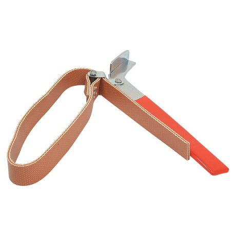 The **Sparex OIL FILTER WRENCH BELT TYPE (Part No. S.14482)** features an orange handle, a metal head, and a looped woven belt.
