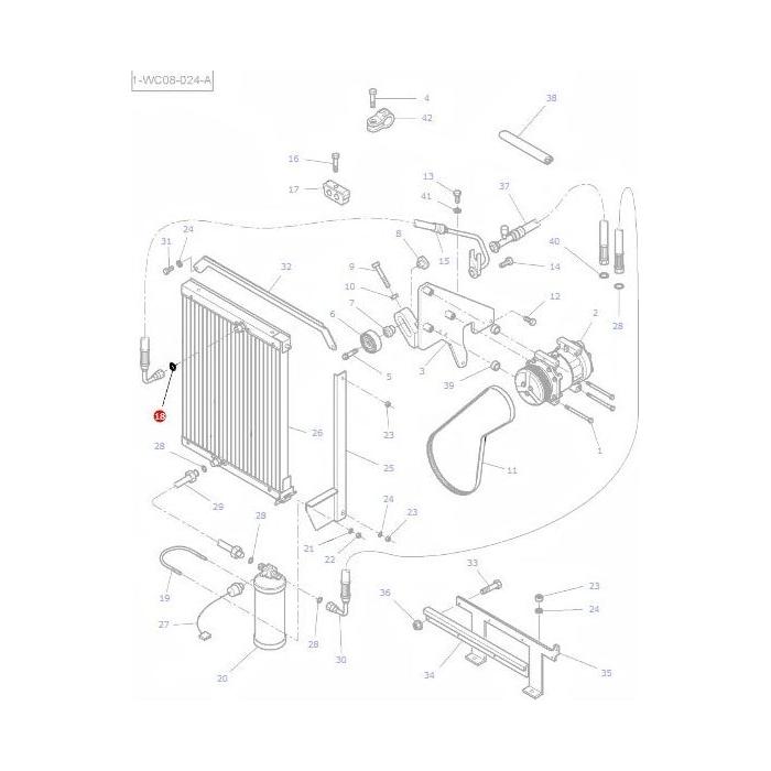Exploded view diagram of a Massey Ferguson tractor's radiator system showing all components, including the radiator, hoses, clamps, and mounting brackets; such as the AGCO branded 'Massey Ferguson - O Ring Air Con - 3010472X1', each numbered for identification by its serial number.