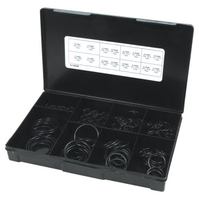 A Sparex O'Ring Face Seal various 160 pcs Handipak - S.14230, featuring a black plastic case with an assortment of nitrile rubber O-rings with a Shore Hardness of 90, organized in individual compartments and accompanied by a size chart displayed on the inner lid.